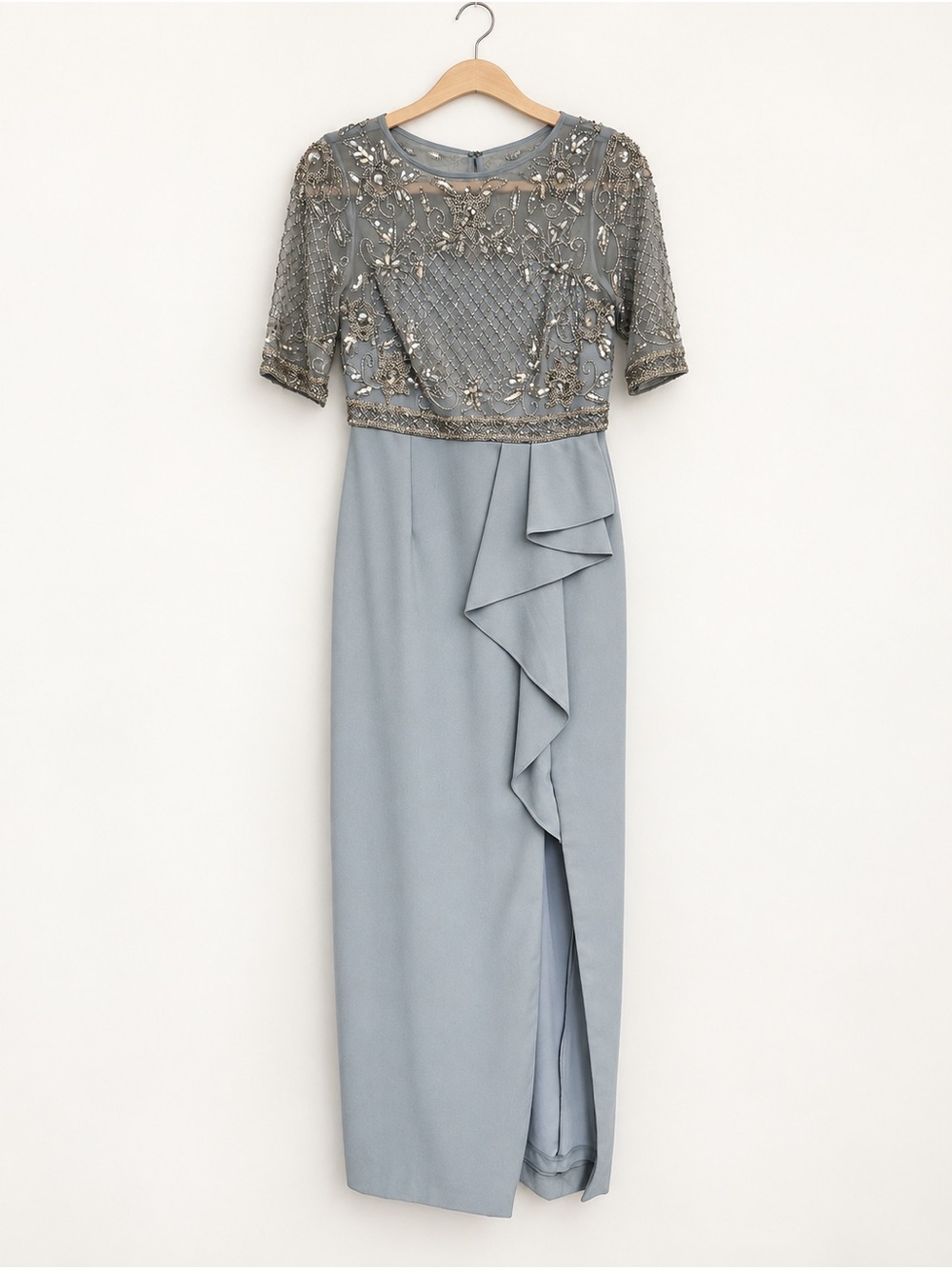 Adrianna Papell Petite Dusty Blue Beaded Ruffle Formal Gown